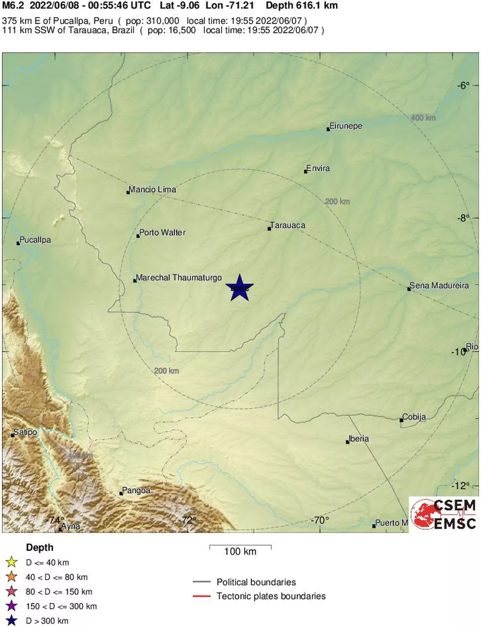 Terremoto de magnitude 6,5 atinge fronteira do Peru com o Acre a 111 de Tarauacá