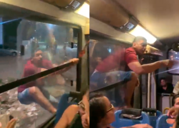 Homem flagra mulher com outro e se pendura em janela de ônibus em movimento